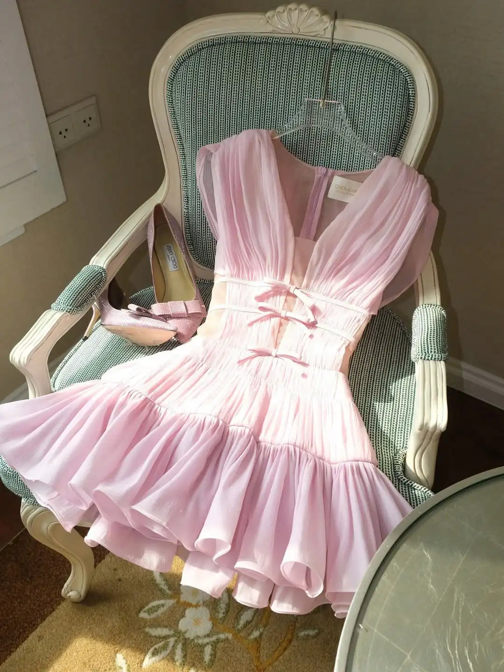 Pink Fairy Cute Short Cocktail With Ruffles Design Princess V Neck Bows Dress