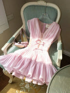 Pink Fairy Cute Short Cocktail With Ruffles Design Princess V Neck Bows Dress