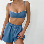 Crop Top Set With High Waist Shorts Spaghetti Strap Two- Piece
