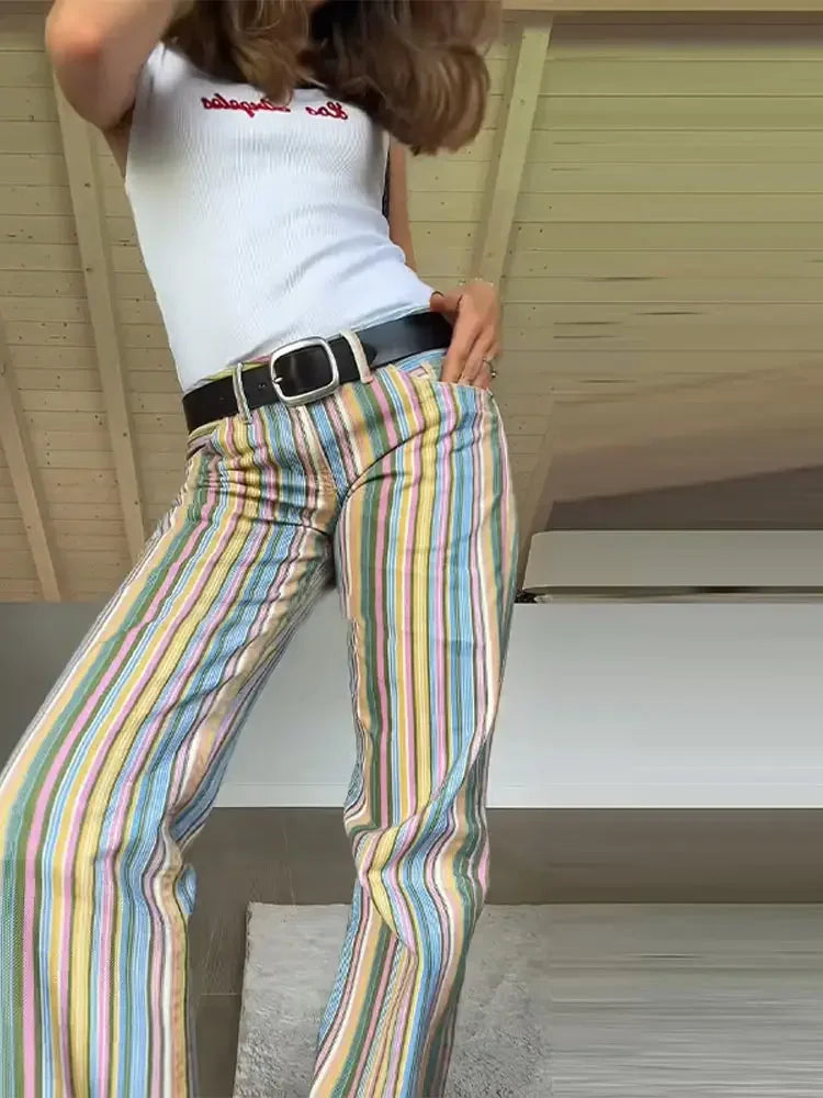 Vivid Multicolor Stripe Wide Leg Jeans With Pockets Low Waist Denim Trousers