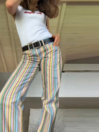 Vivid Multicolor Stripe Wide Leg Jeans With Pockets Low Waist Denim Trousers