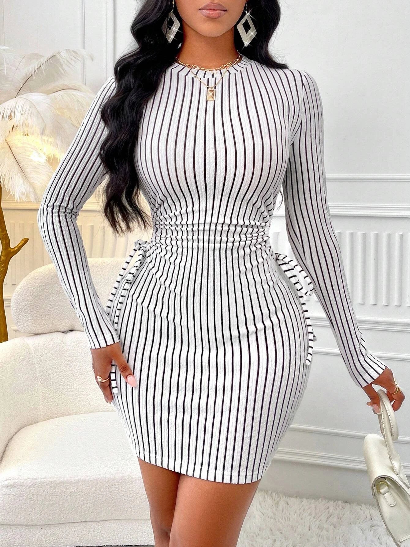 Striped Knit Long Sleeve Dress With Waist Cutout Tie Detail