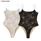 Sexy Lace See Through Bodysuit With Lining Elastic Spaghetti Straps Slim Fit