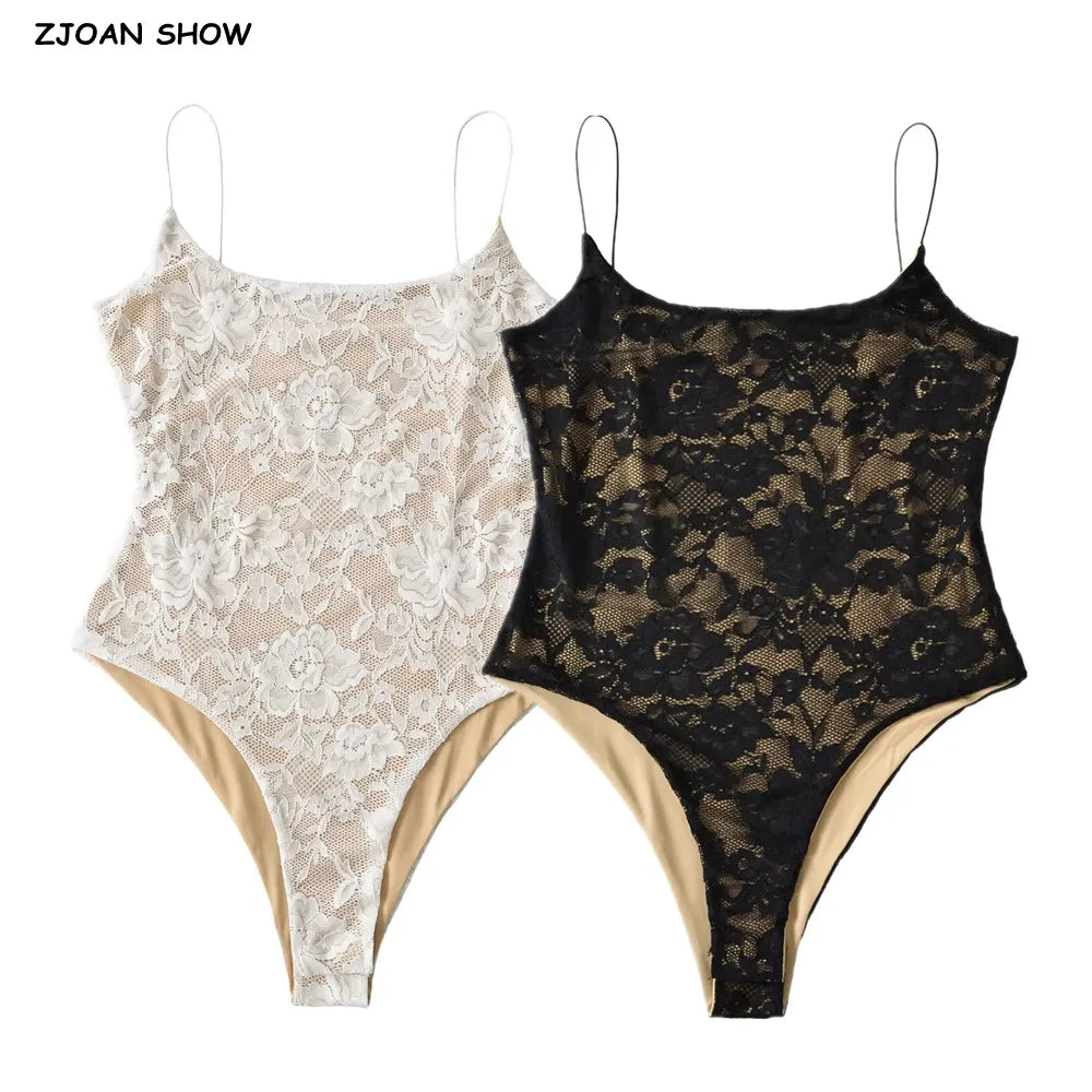 Sexy Lace See Through Bodysuit With Lining Elastic Spaghetti Straps Slim Fit