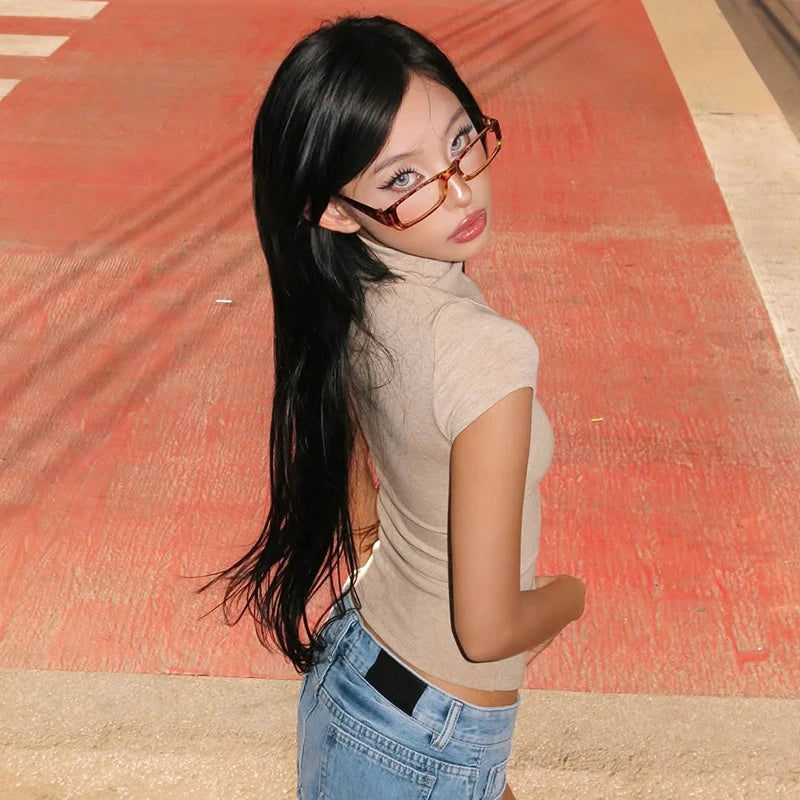 Turtleneck Crop Tank With Slit And Button Details