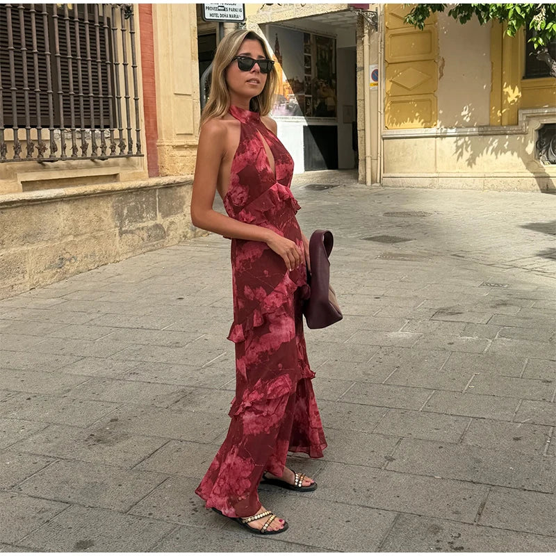 Boho Floral Halter Maxi Dress With Cutout And Tiered Ruffles Sleeveless
