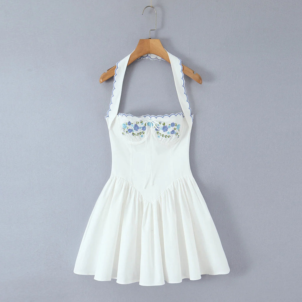 Backless Halter Embroidered White Dress For Women Elegant A Line Mini Dress