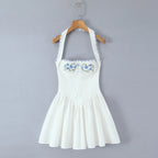 Backless Halter Embroidered White Dress For Women Elegant A Line Mini Dress