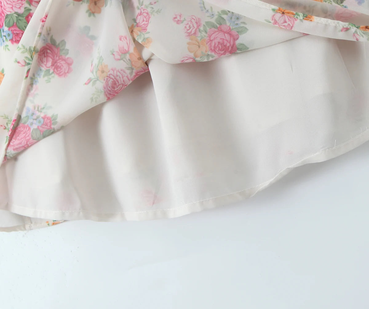 Contrast Color Floral Print Sling Mini V neck Spliced Chest Push Up Back Backless Short Dress