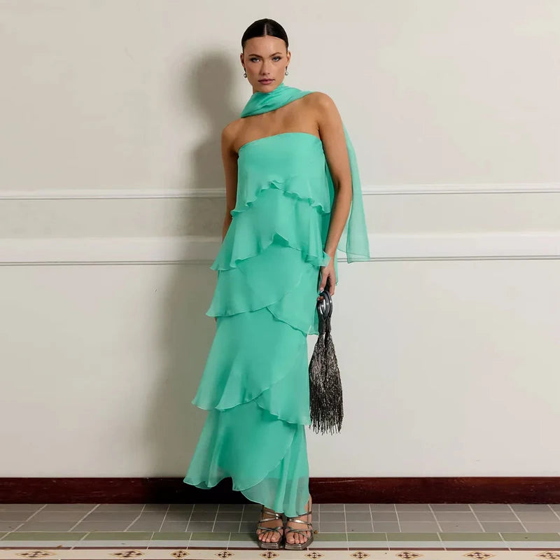 Gradient Flowy Chiffon Three Piece Set With Tube Top Tiered Skirt And Sheer Scarf