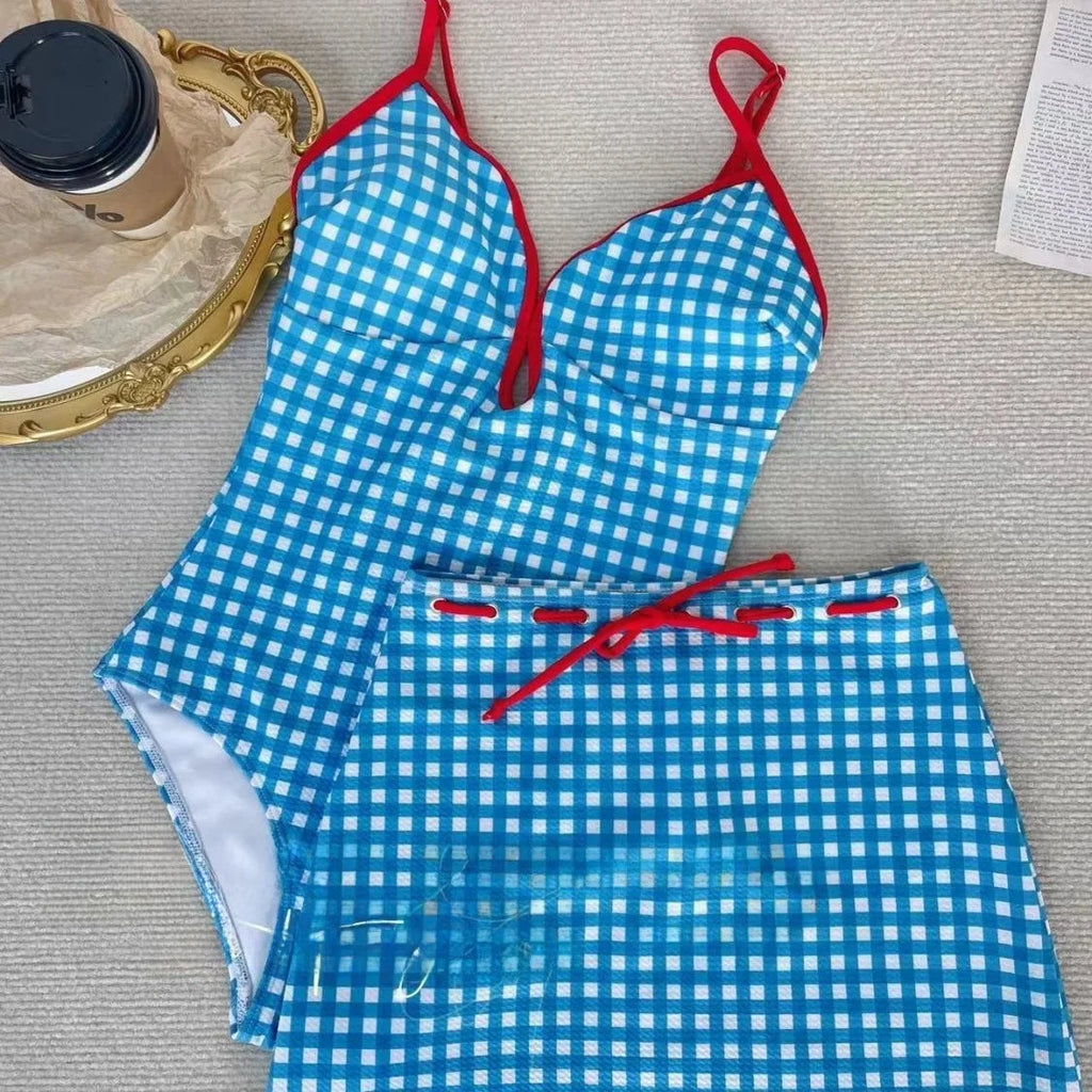 Women's Plaid One-Piece Swimsuit with Separate Two-Piece