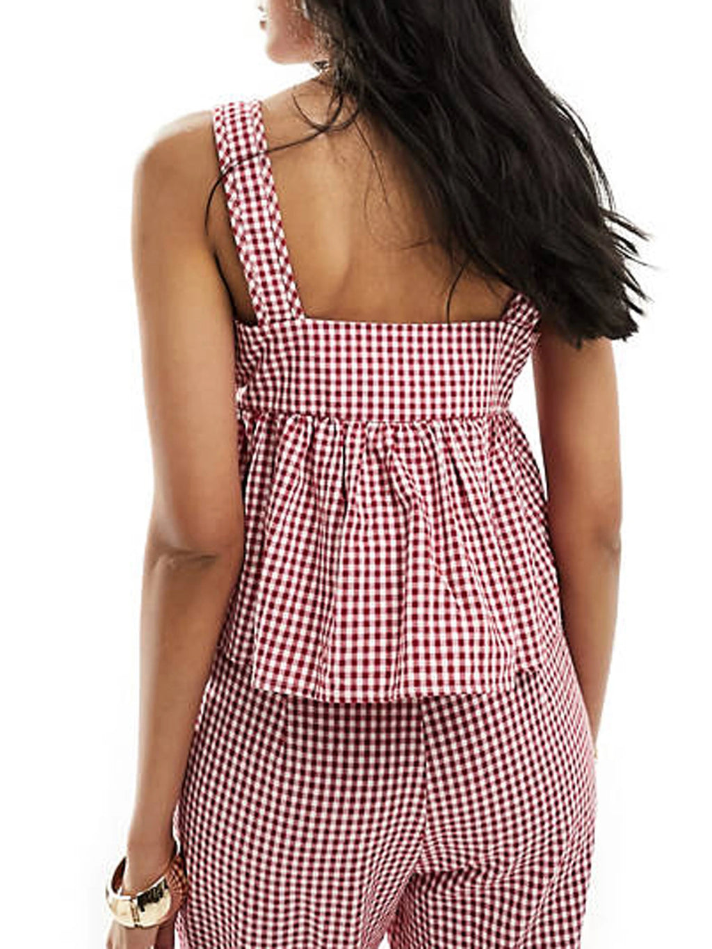 Women Plaid Tank Tops Spaghetti Strap Square Neck Peplum Cami Top Ruffle Smocked