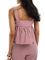 Women Plaid Tank Tops Spaghetti Strap Square Neck Peplum Cami Top Ruffle Smocked