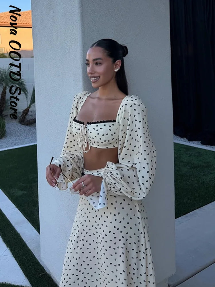 Polka Dot Two-piece Set Square Neck Puff Sleeve Cropped Top With Lace Trim Maxi Skirt