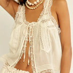 Boho Vintage Two Piece Set Tie Front Lace Trim Tank Top And Drawstring Pants