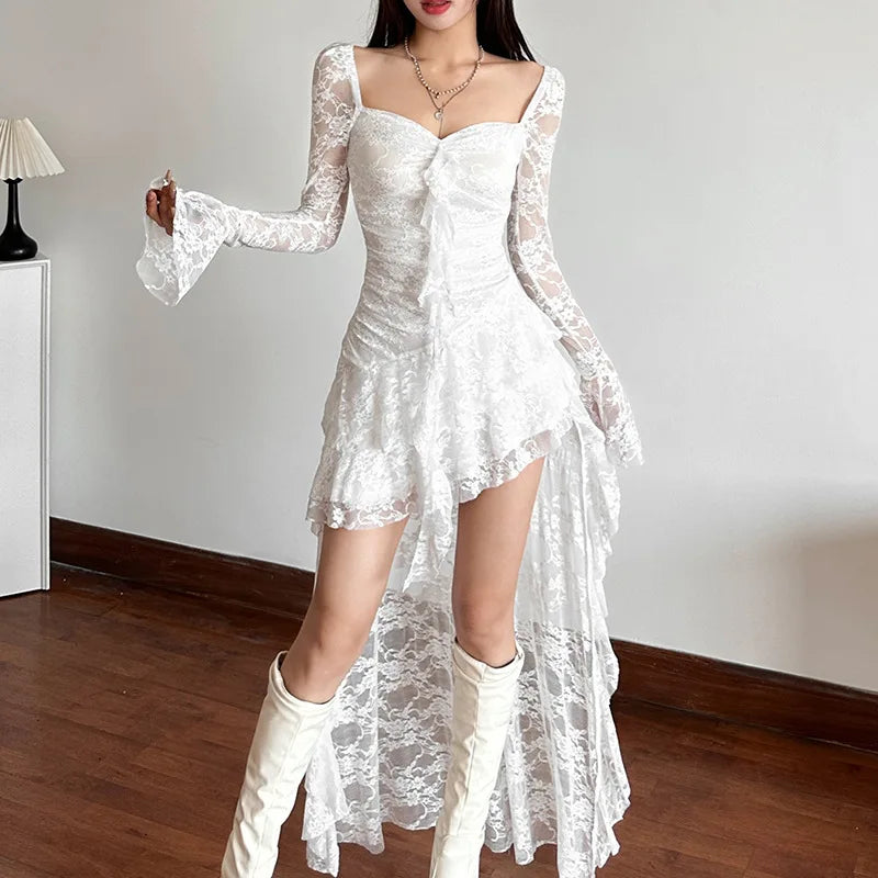 Gothic Fairycore Lace A Line Dress With Flare Sleeves And Square Neck