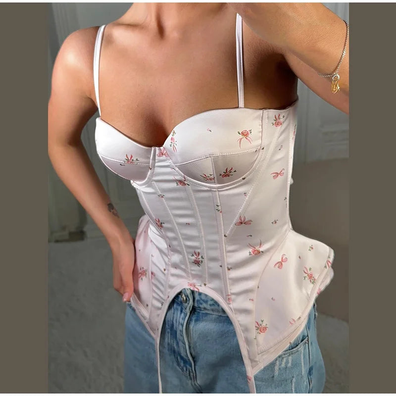 Romantic Floral Corset Cami Top With Sweetheart Neckline And Irregular Hem For Summer