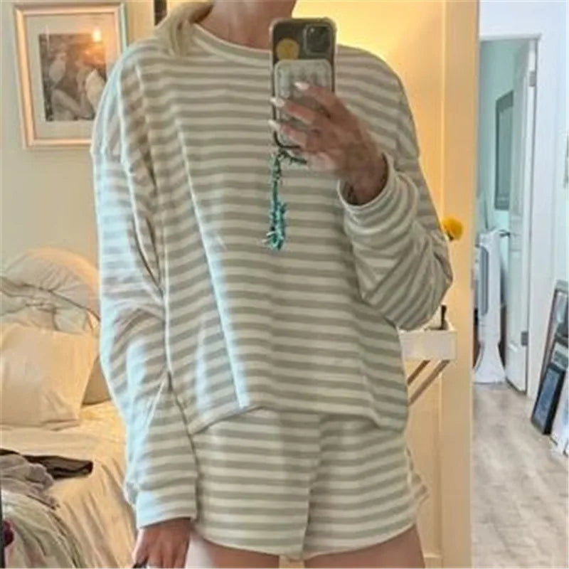 Cozy Striped Knit Lounge Set With Oversized Top And Shorts For Relaxed Comfort Everyday