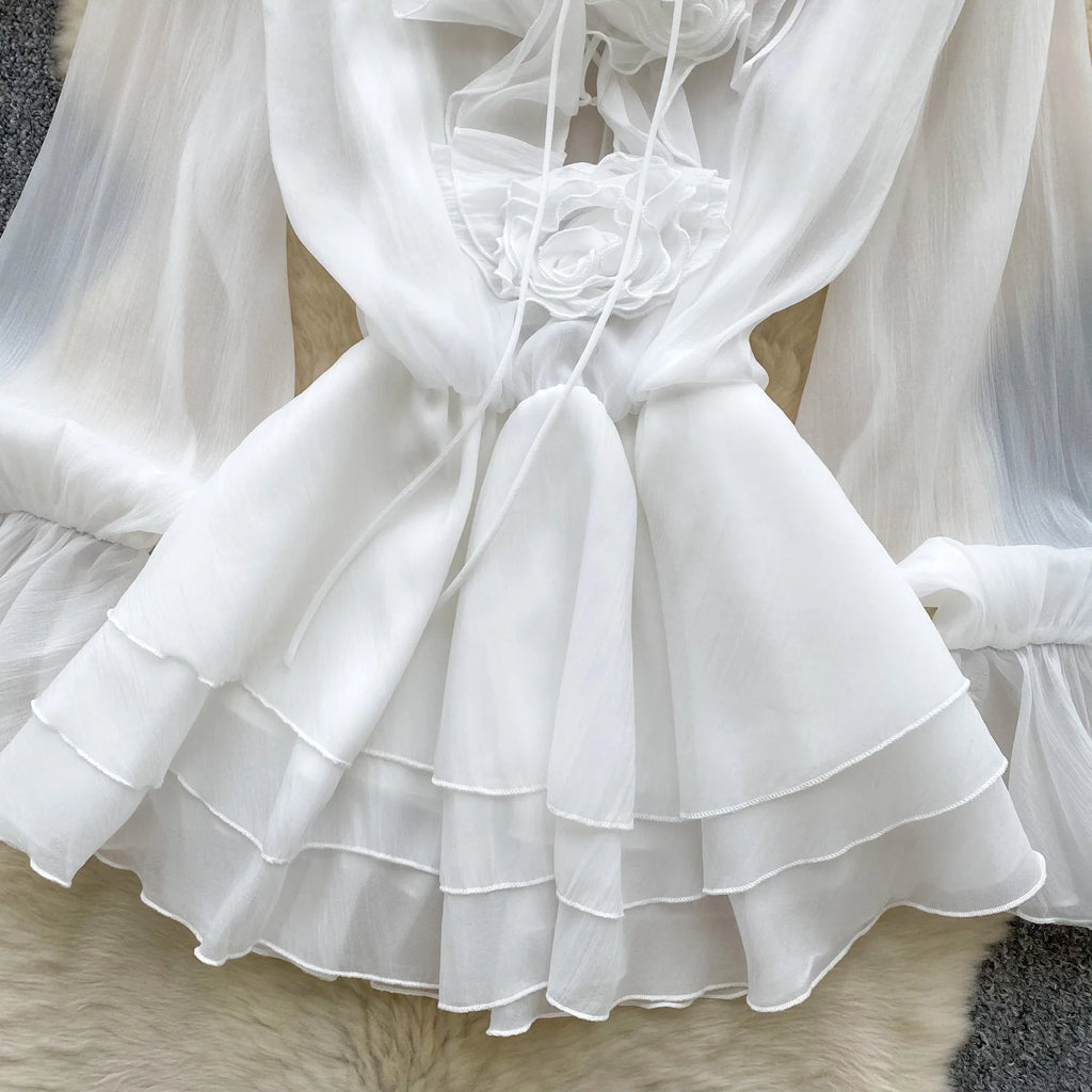 Boho 3D Floral Chiffon Sundress With Long Sleeves Lace Up Ruffle Detail