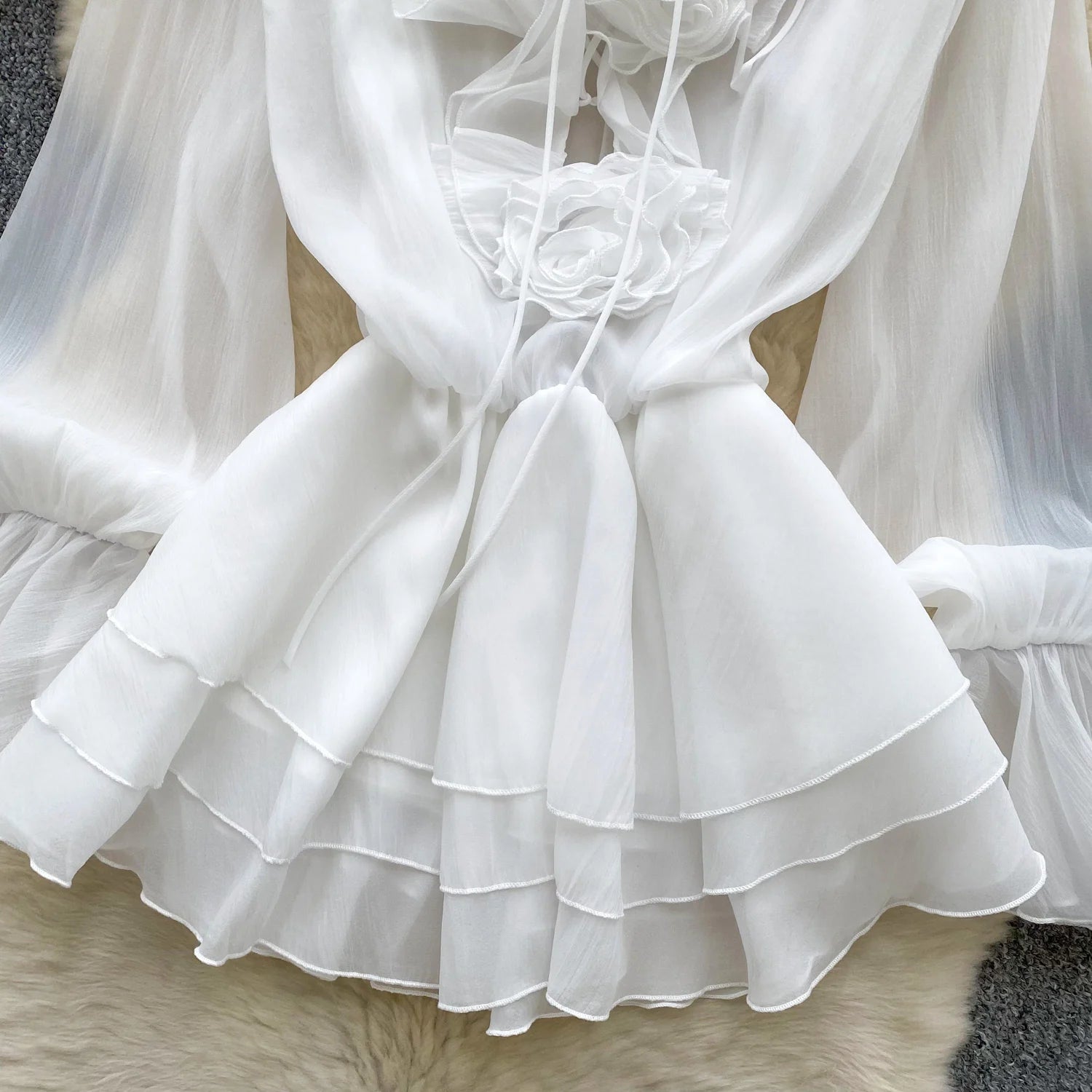 Boho 3D Floral Chiffon Sundress With Long Sleeves Lace Up Ruffle Detail