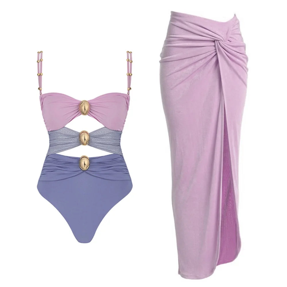Off Shoulder Patchwork Belted One Piece Swimsuit With Cover Up for Beachside