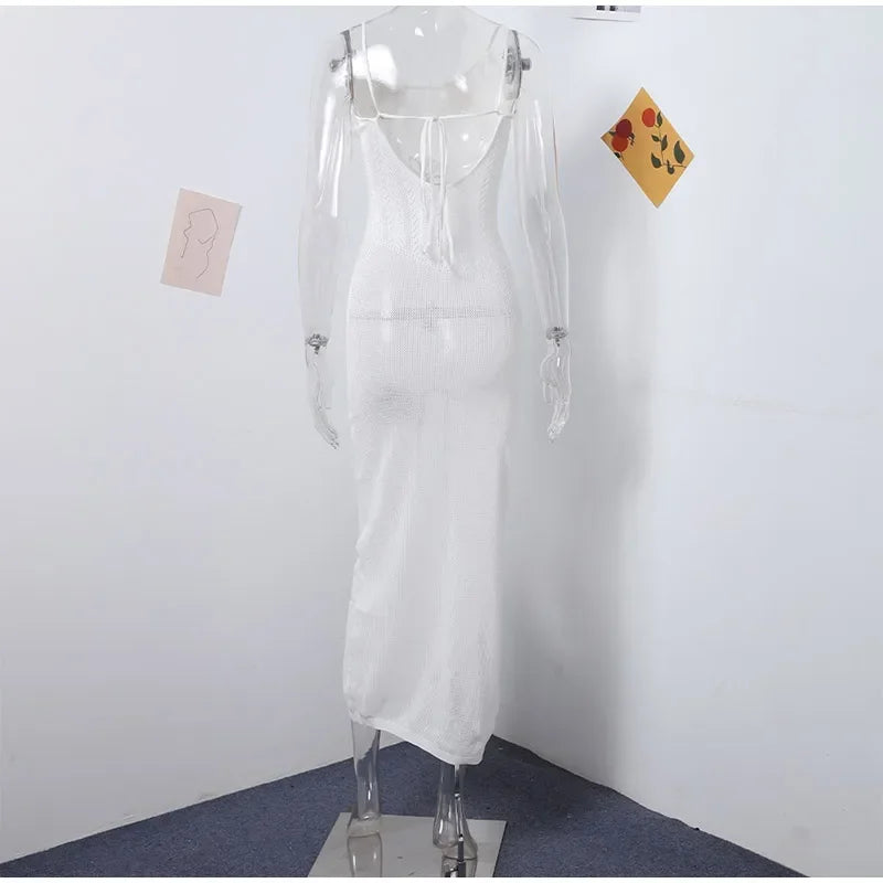 Floral Knit Strap Maxi Dress Backless Beach Cover Up For Summer Vacation And Resort Style
