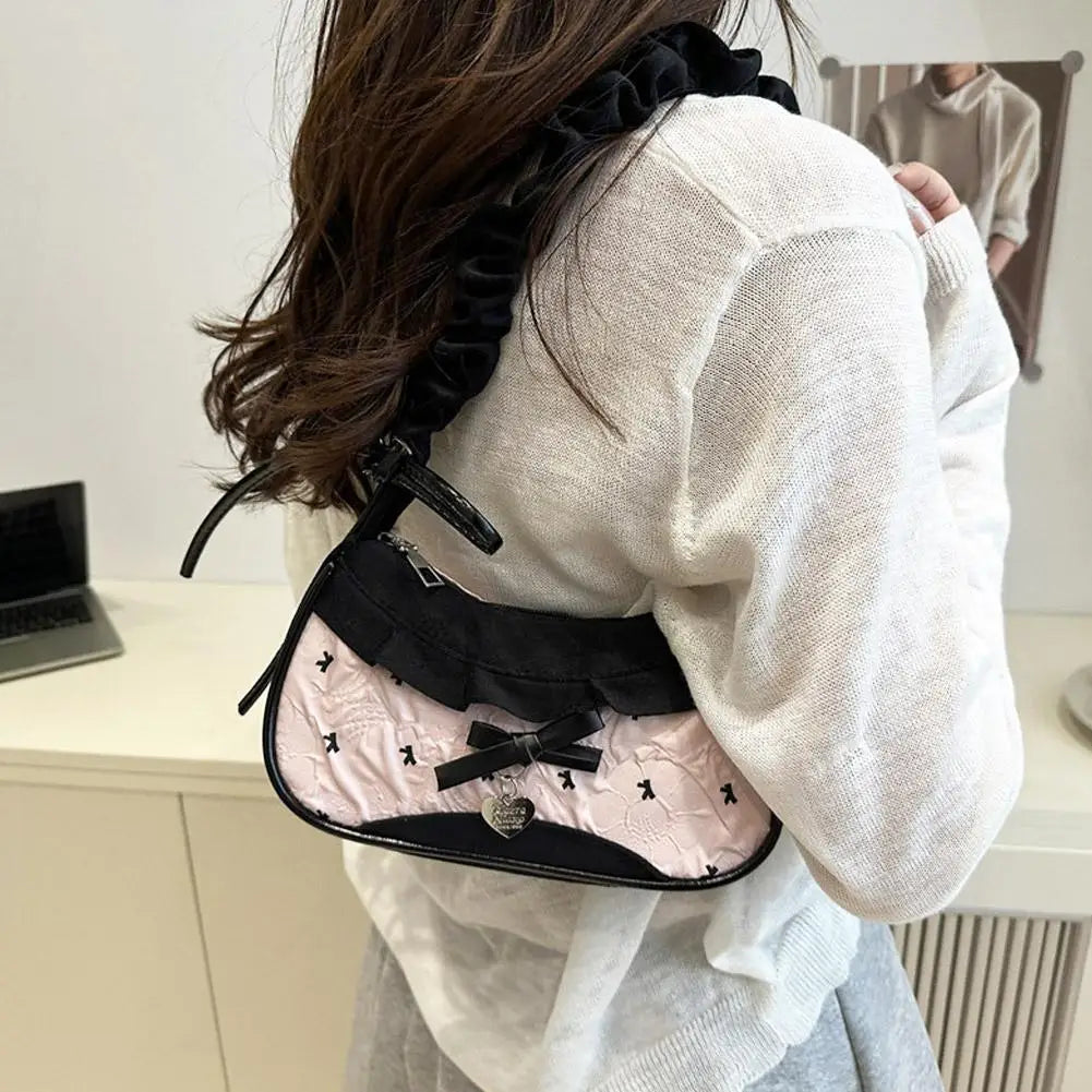 Lace Ribbon Tote With Stretchable Shoulder Strap Handbag
