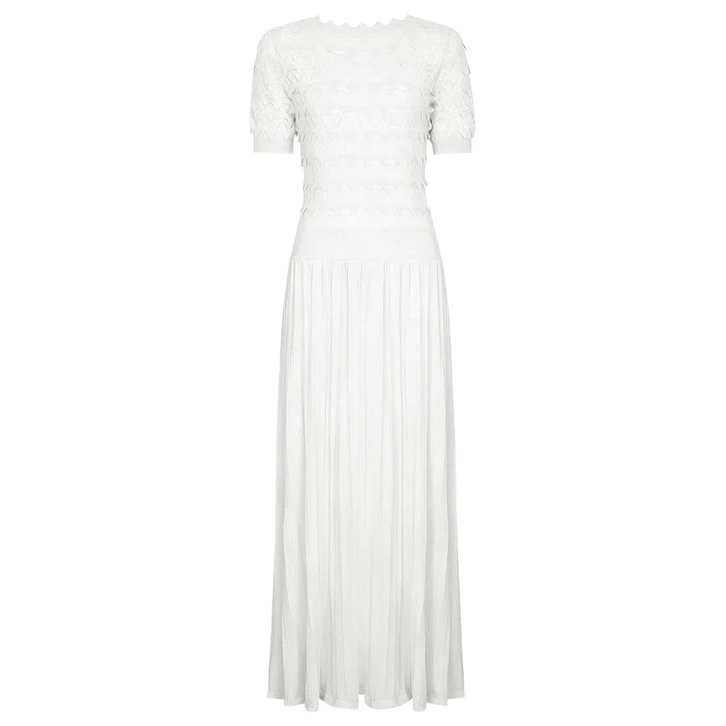 Knit Maxi Dress With Short Sleeve Hollow Detailing And Pleated Skirt