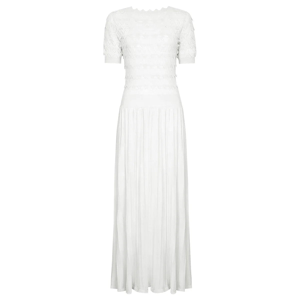 Knit Maxi Dress With Short Sleeve Hollow Detailing And Pleated Skirt