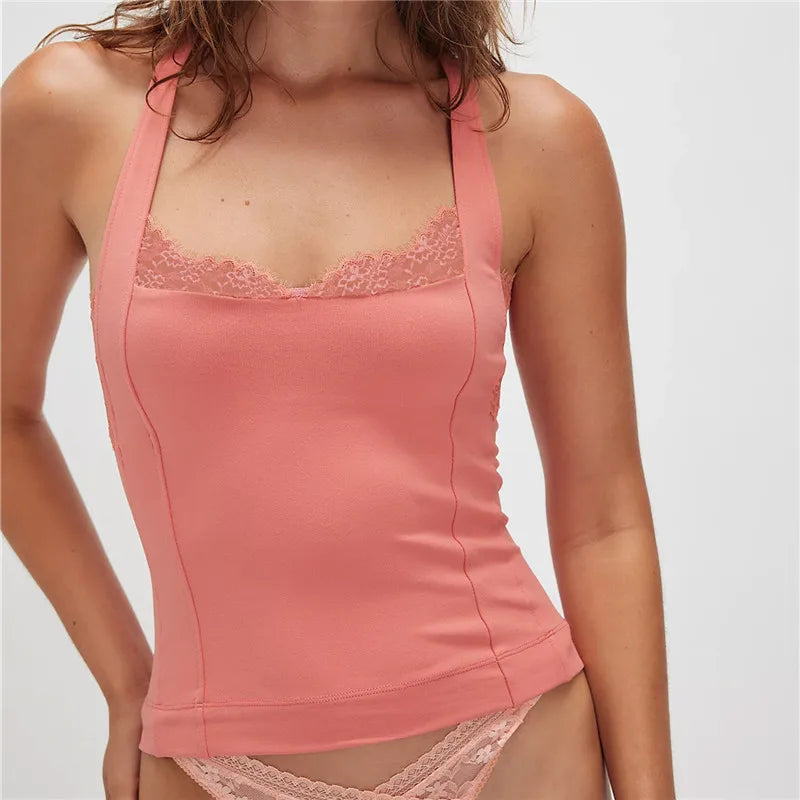 Vintage Y2K Lace Trim Halter Women Sleeveless Backless Camisole Slim Fit Crop Tank Top
