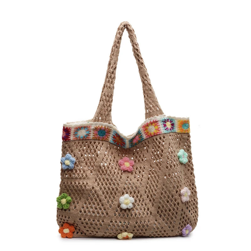 Boho Knitting Shoulder Bag With Floral Crochet