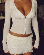Elegant White Coords Set With Ruffled Trim Skirt And Long Sleeve Top