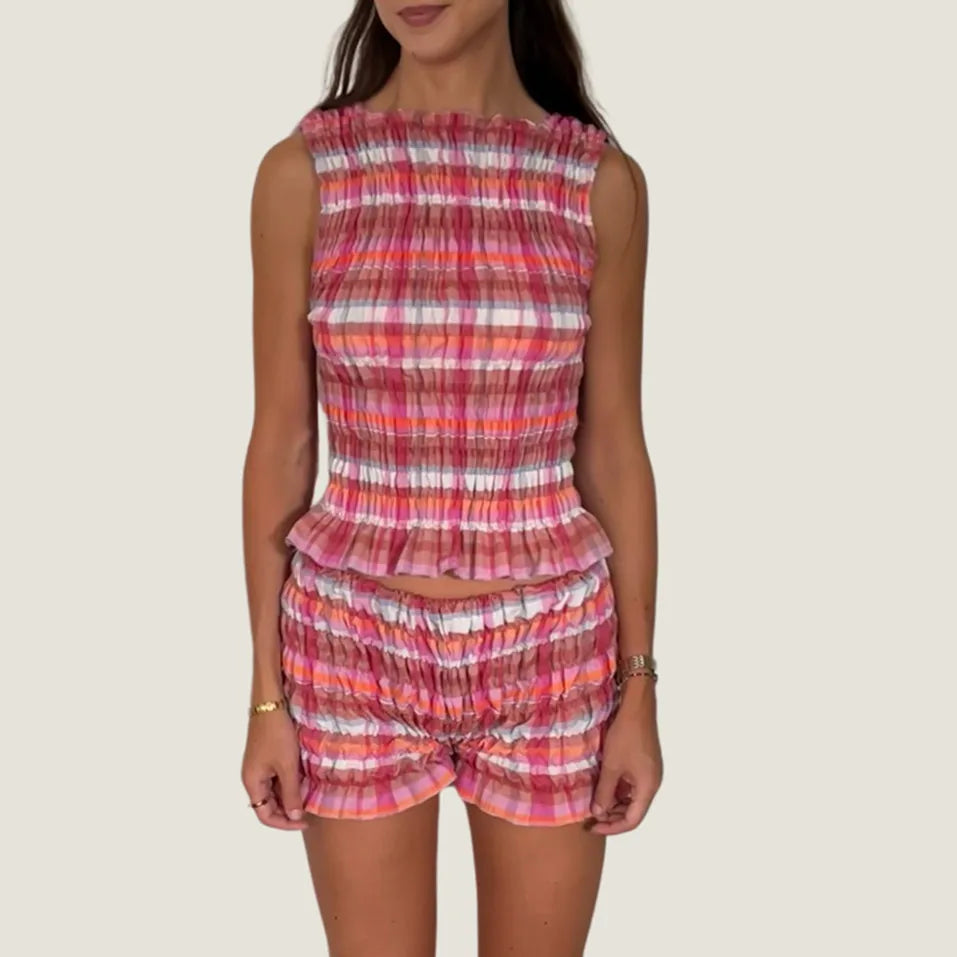 Cozy Two-piece Plaid Shorts Set With Smocked Tank Sleeveless Top And Ruffled Trim