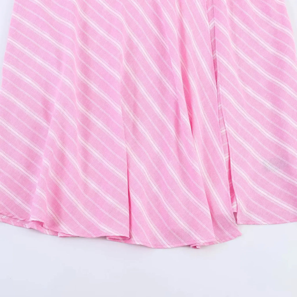 Pink Stripe Shirt Set With Pleated Long Skirt Elegant Two Piece Suit