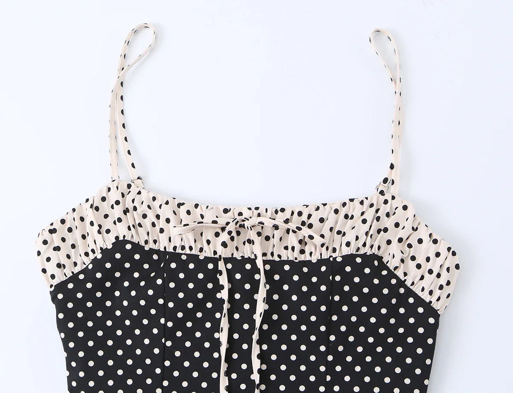 Black Polka Dot Summer Mini Dress With Bow Detail Sleeveless Slimming Waist
