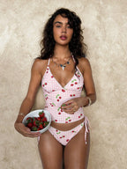 Elegant Cherry Print Strappy Bikini Set With Lace Trim Two Piece Swimsuit For Summer