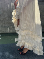 Ruffle Maxi Dress With Lapel V Neck Sleeveless Pleated High Waist