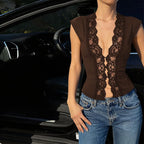 Flirty Lace Sheer V Neck Sleeveless Crop Top With Button Front Slim Fit