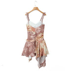 V Neck Paisley Totem Print Mini Dress With Ruffles Pleats And Irregular Hem