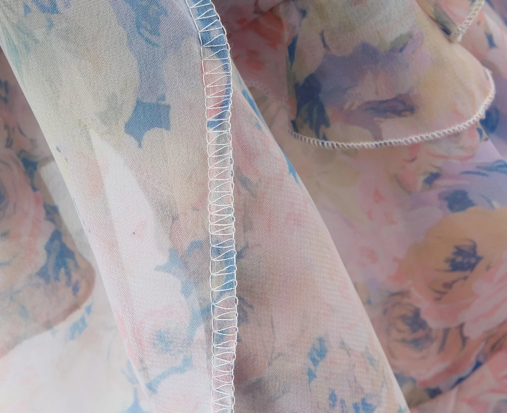 Gradient Floral Ruffles Chiffon Dress With V Neck Backless