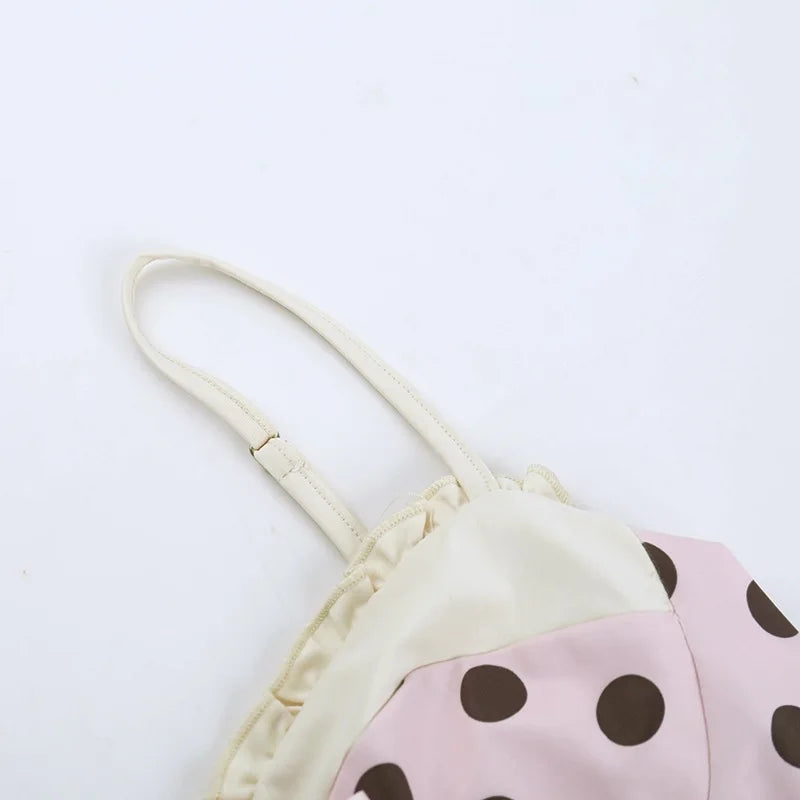 Sweet Spaghetti Strap Polka Dot Dresses Sexy Sleeveless Bowknot Ruched Mini