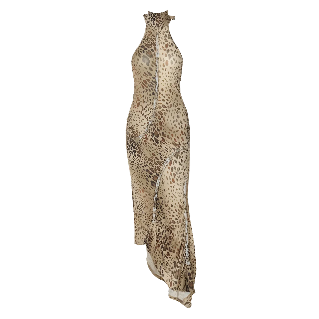 Leopard Print Turtleneck Sleeveless Backless Maxi Dress With Cutout Slit