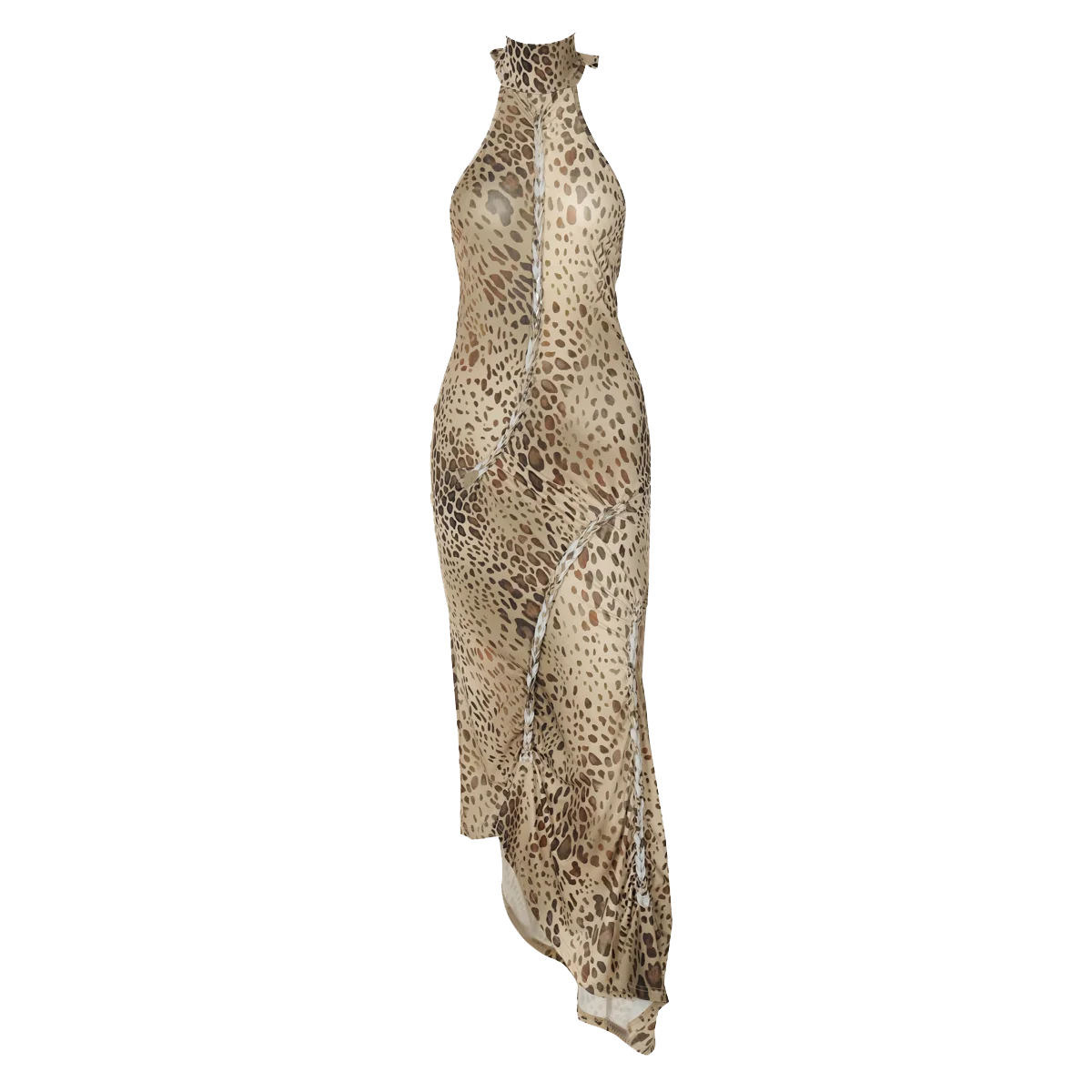 Leopard Print Turtleneck Sleeveless Backless Maxi Dress With Cutout Slit