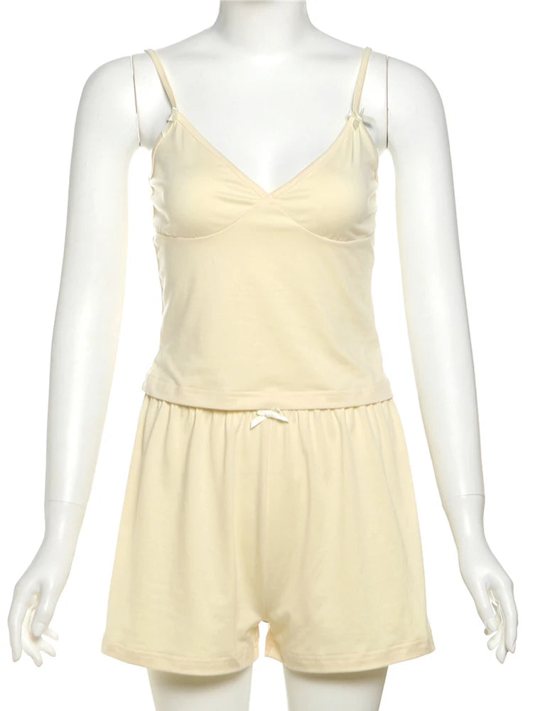 Sexy Bow 2-Piece Set Women Low Chest Backless Camisole+Shorts