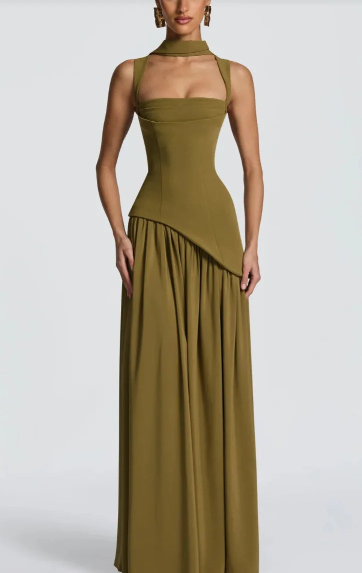 Olive Green Maxi Dress With Scarf Flowy Silhouette