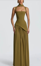Olive Green Maxi Dress With Scarf Flowy Silhouette