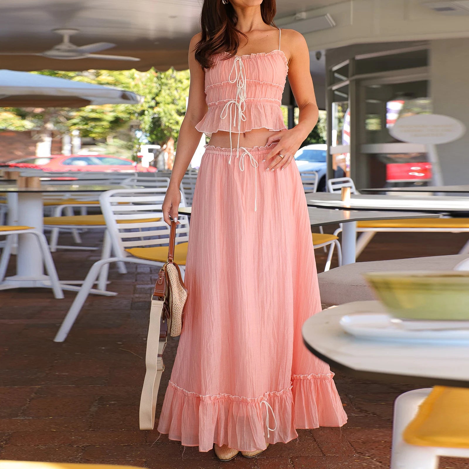 Patchwork Tie Up Camisole Set With Ruched Ruffle Maxi Skirt