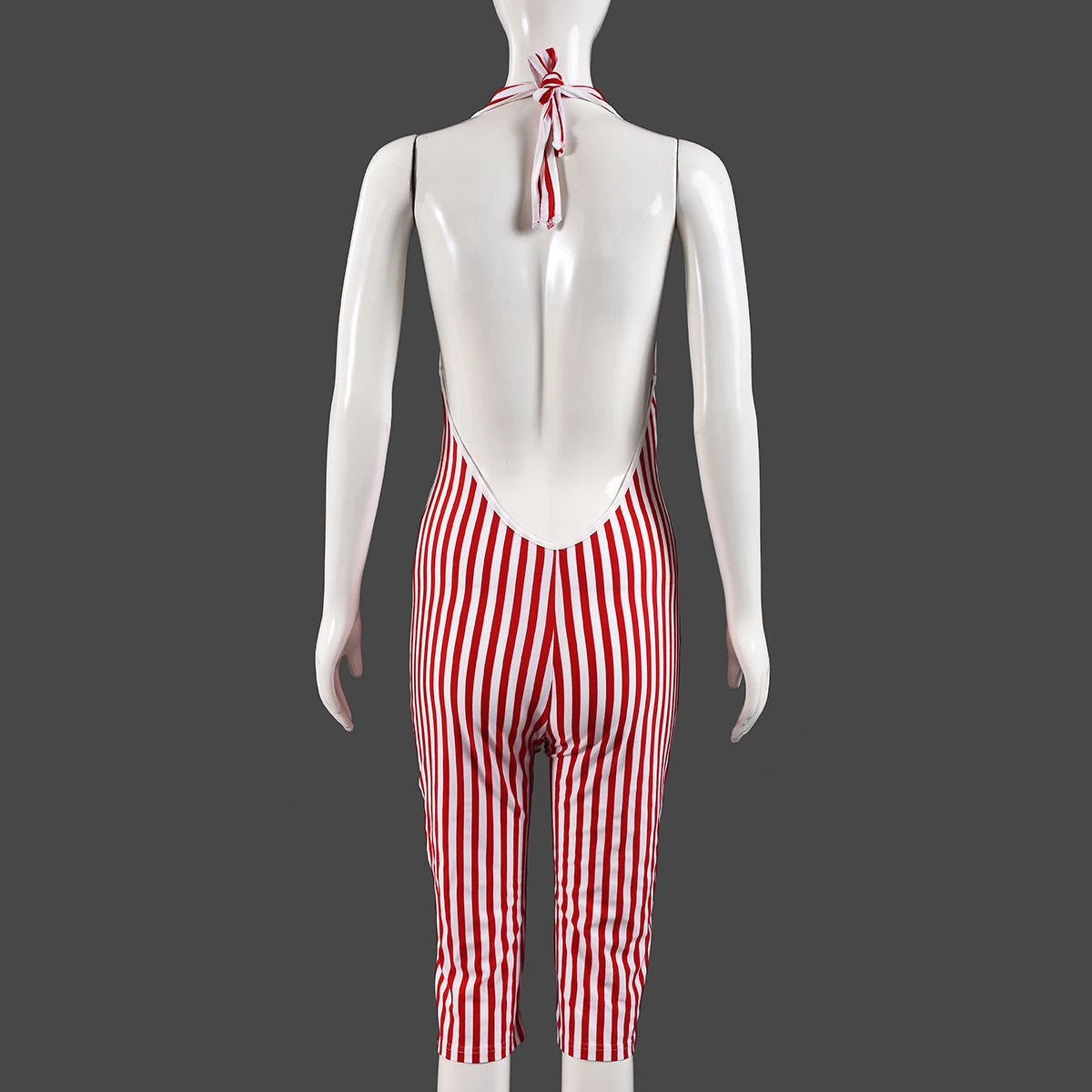 Red Striped Print Backless Halter Playsuit