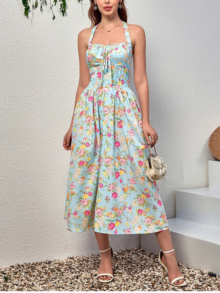 Floral Halter Midi Dress With Spaghetti Straps, Backless Corset Waist Tie Up Detail