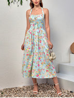 Floral Halter Midi Dress With Spaghetti Straps, Backless Corset Waist Tie Up Detail